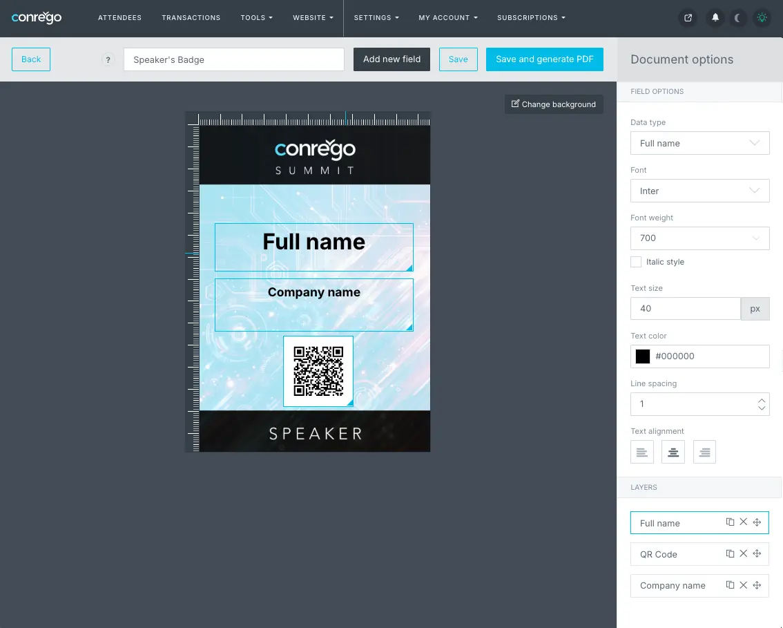 Document personalization module in the CONREGO event registration software