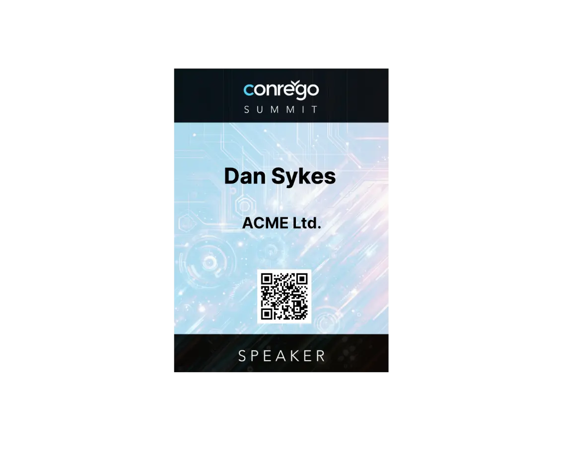 Example attendee badge generated in the CONREGO event registration software