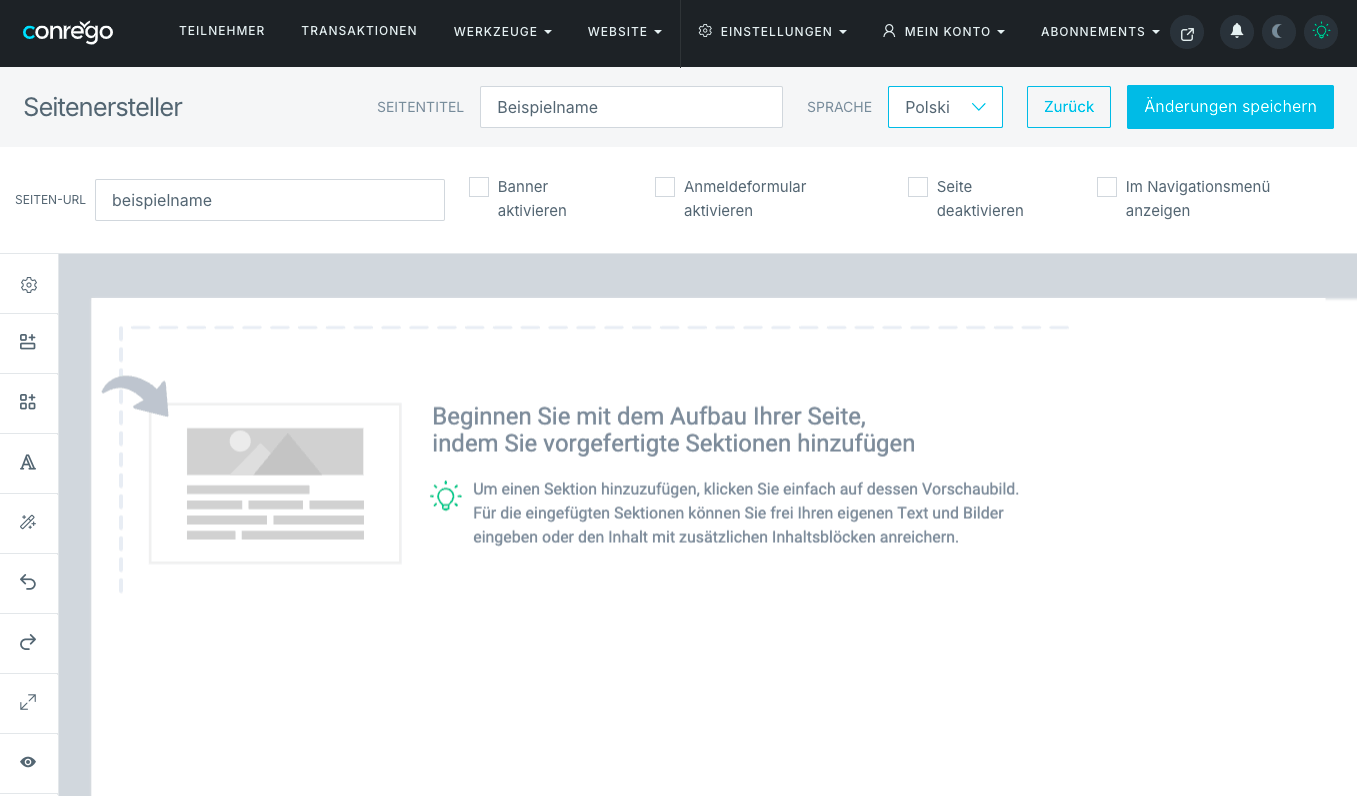 Visueller Eventseiten-Editor